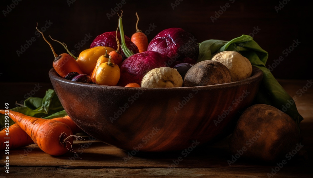 Rustic still life  Fresh organic vegetables in a wooden bowl generated by AI