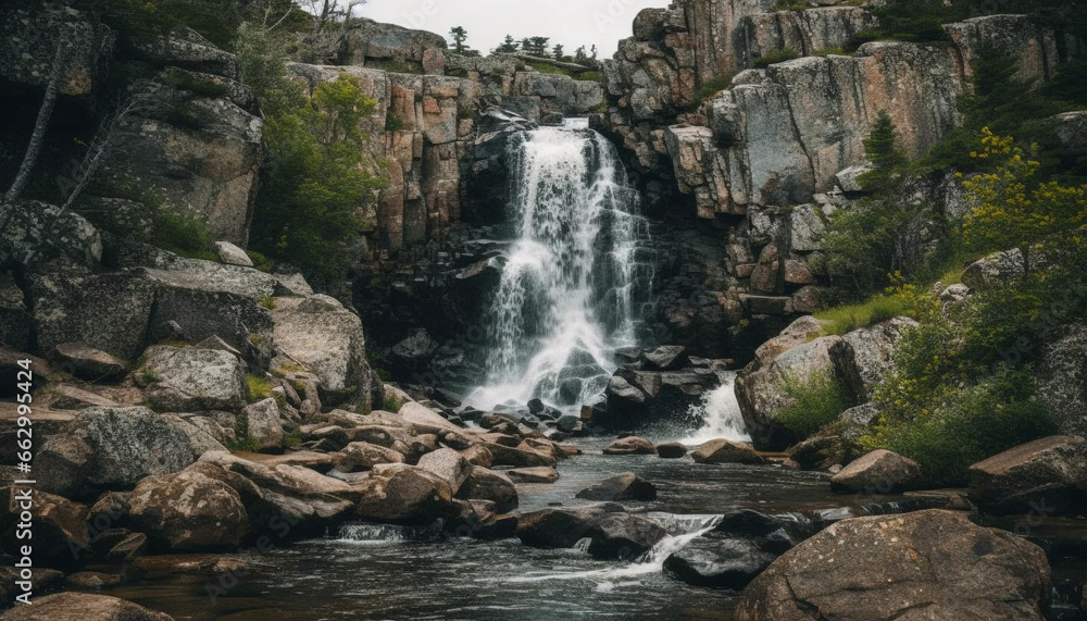 Tranquil scene of flowing water in majestic mountain landscape generated by AI