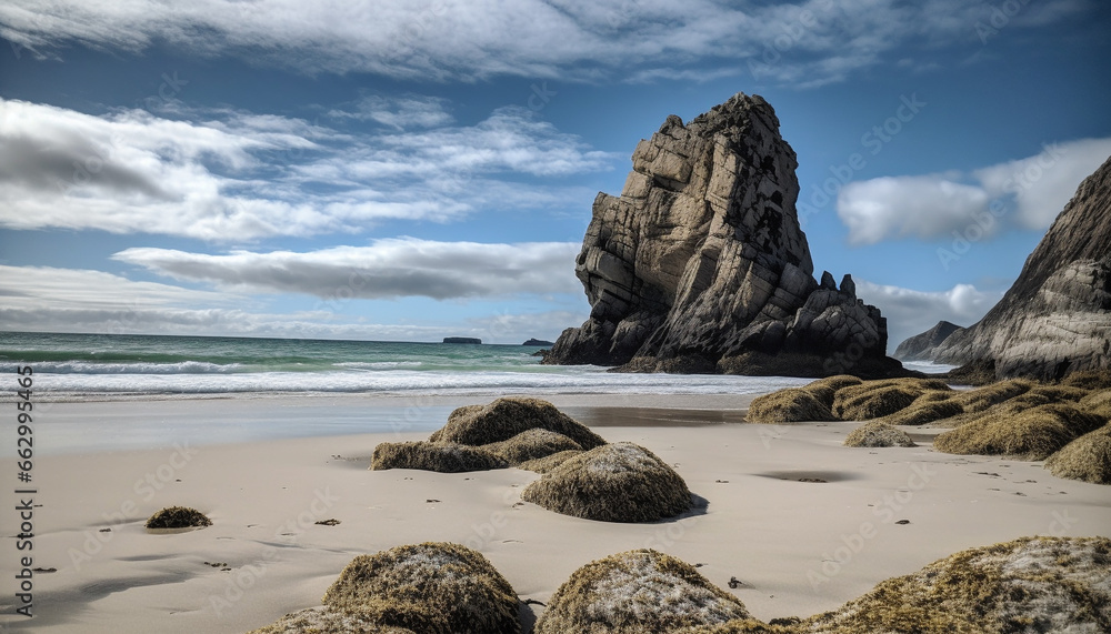 Tranquil seascape, rocky cliff, sandy shore, horizon over water generated by AI