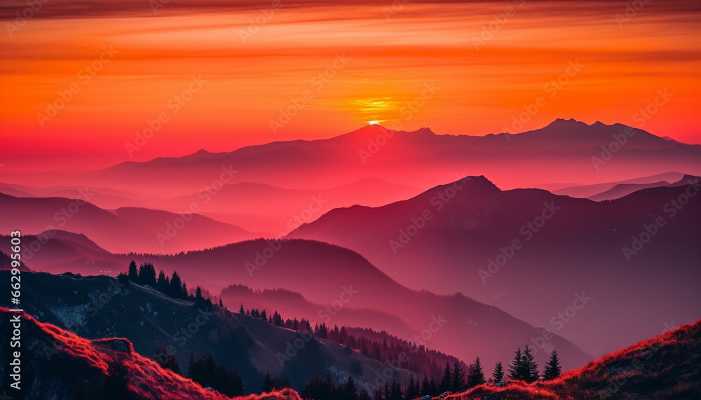 Majestic mountain range silhouetted against tranquil sunset sky, breathtaking beauty generated by AI