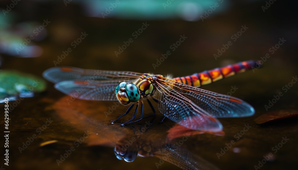 Vibrant dragonfly rests on wet leaf in green pond generated by AI