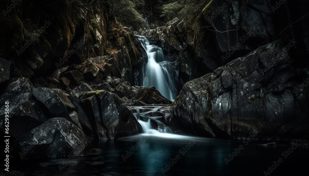 Tranquil motion of flowing water in majestic tropical rainforest generated by AI