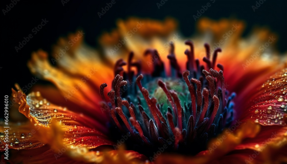 Vibrant gerbera daisy in wet grass, beauty in nature decoration generated by AI