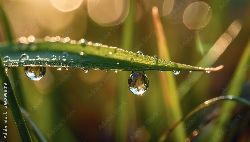 Fresh green drops on dewy blades, reflecting summer beauty generated by AI