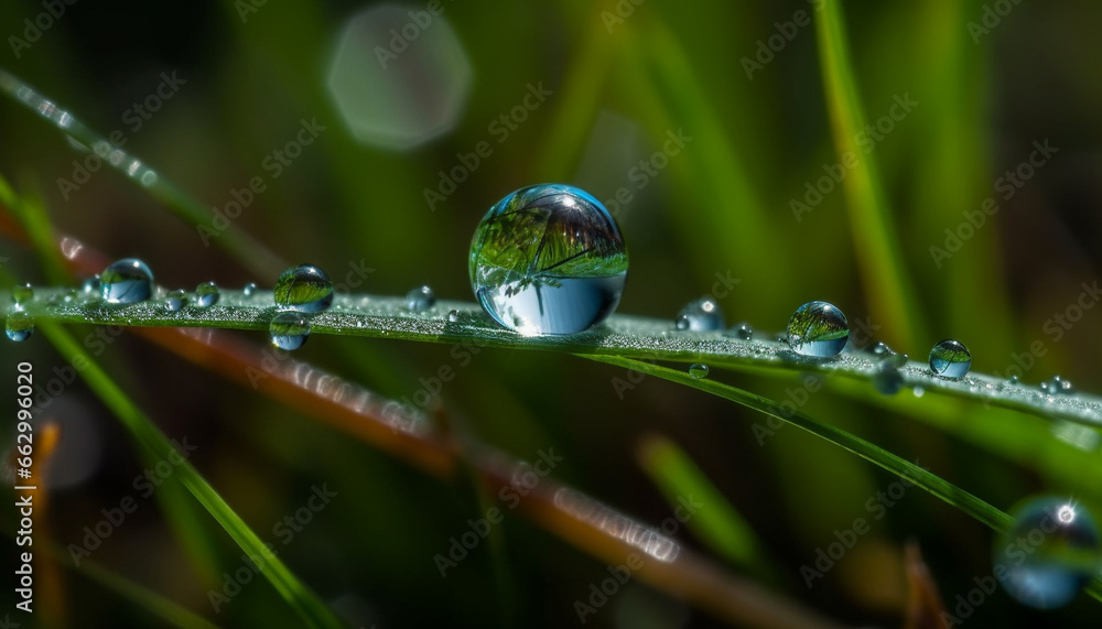 Fresh dew drops on green grass, reflecting beauty in nature generated by AI