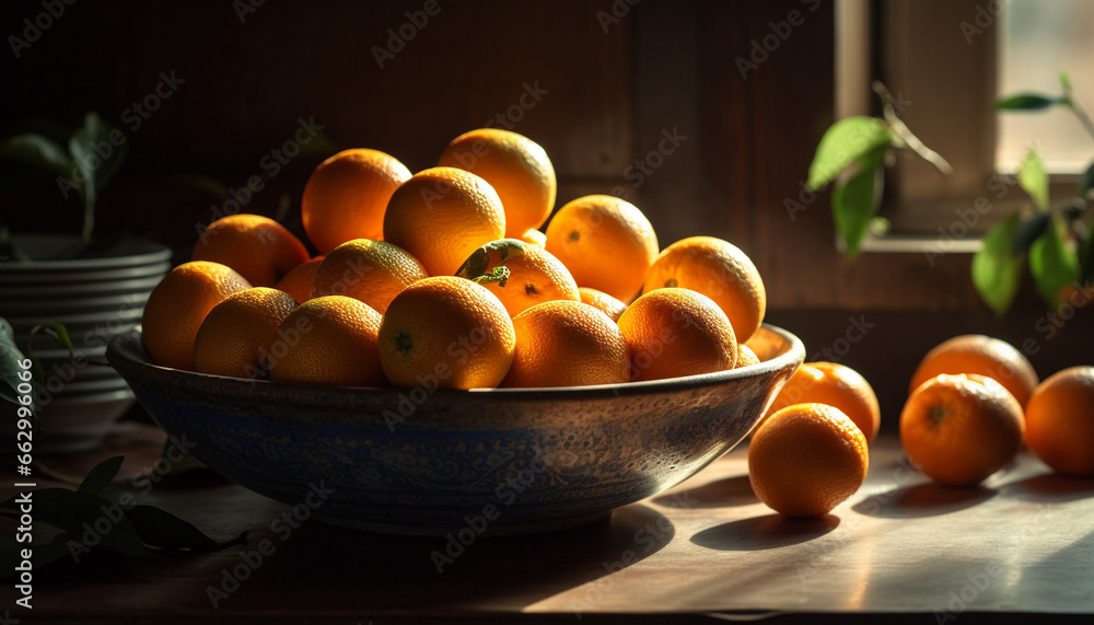 Juicy citrus fruits on rustic wooden table, perfect summer refreshment generated by AI