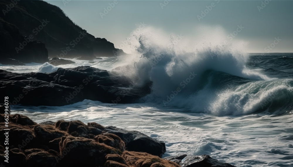 Beauty in nature  sunset over rough seas, crashing waves spray generated by AI