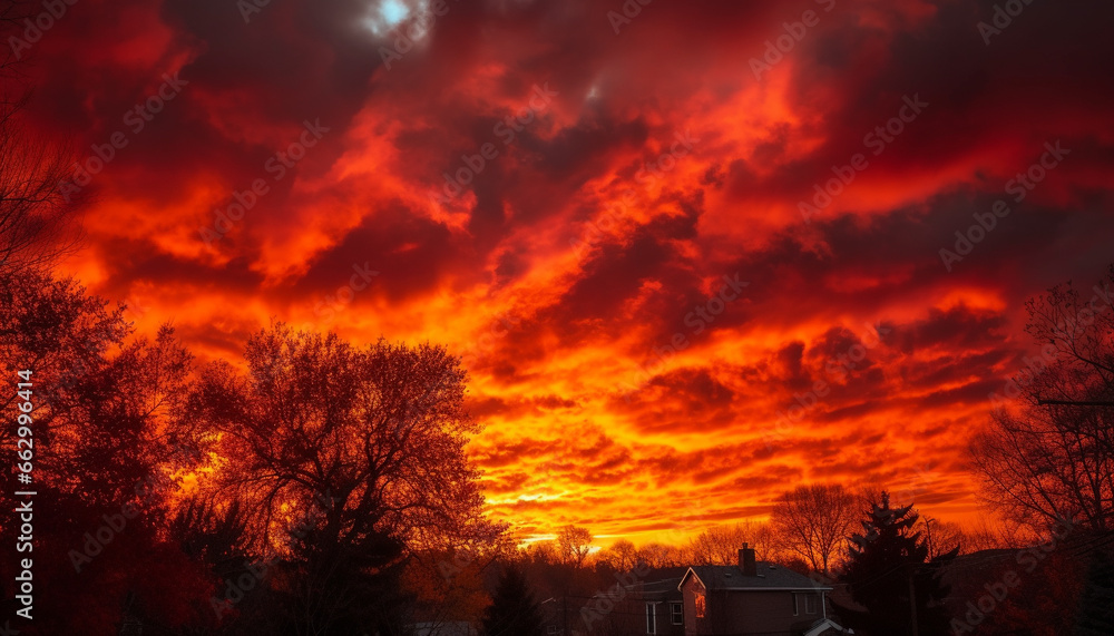 Tranquil sunset silhouettes tree in vibrant autumn landscape beauty generated by AI