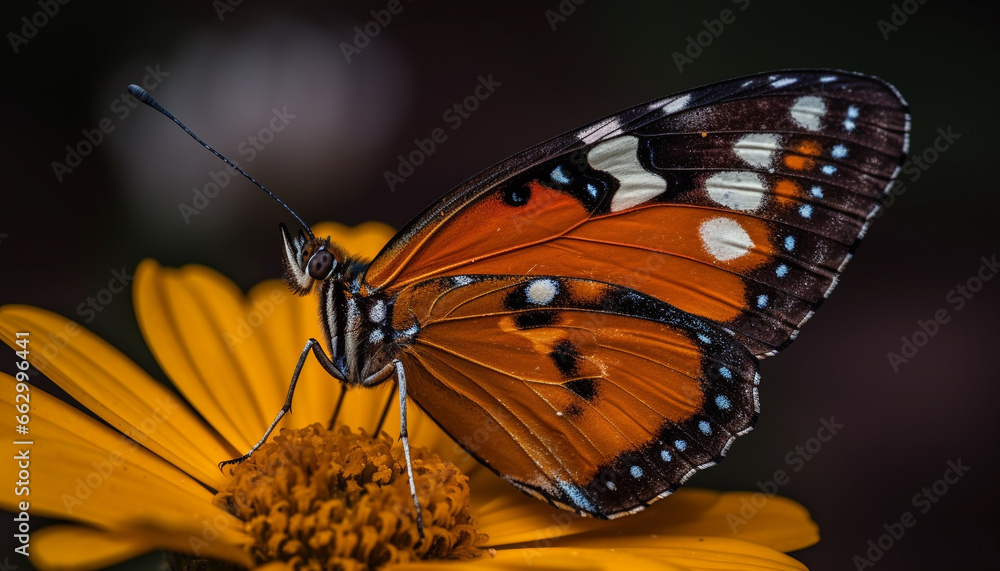 Vibrant butterfly pollinates single flower, showcasing natural beauty and fragility generated by AI