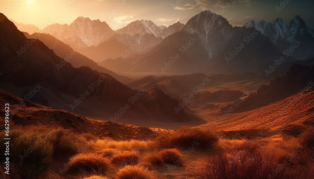 Majestic mountain range at dawn, a tranquil panoramic landscape generated by AI