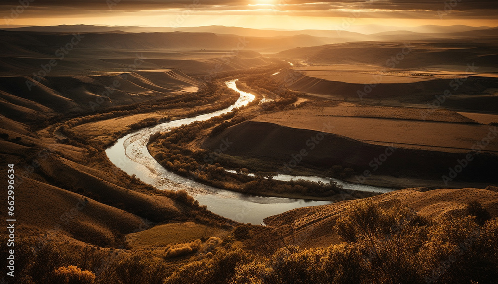 Idyllic mountain range reflects beauty in nature, tranquil sunset scene generated by AI