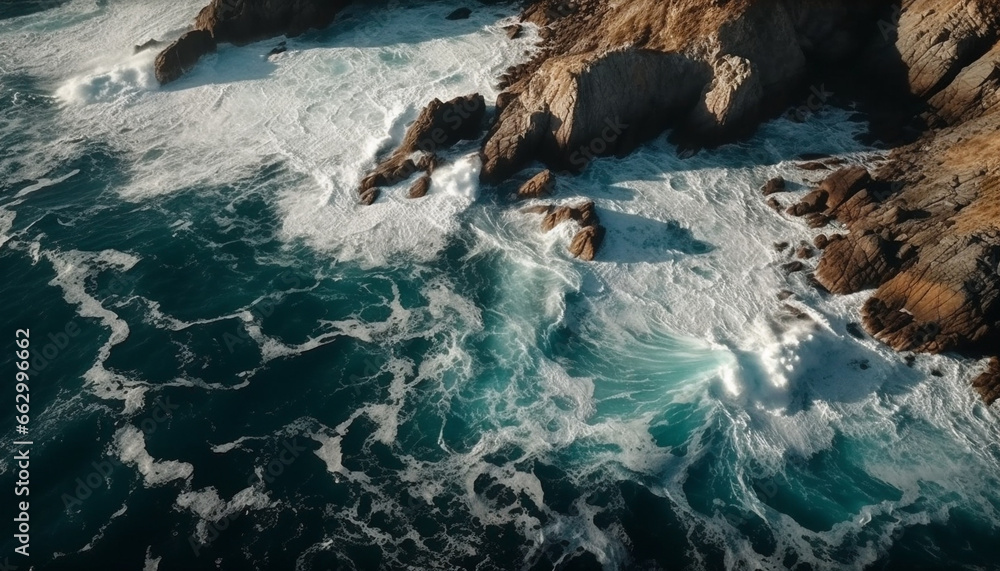 Sunset over majestic coastline, waves crashing on rocky cliffs generated by AI