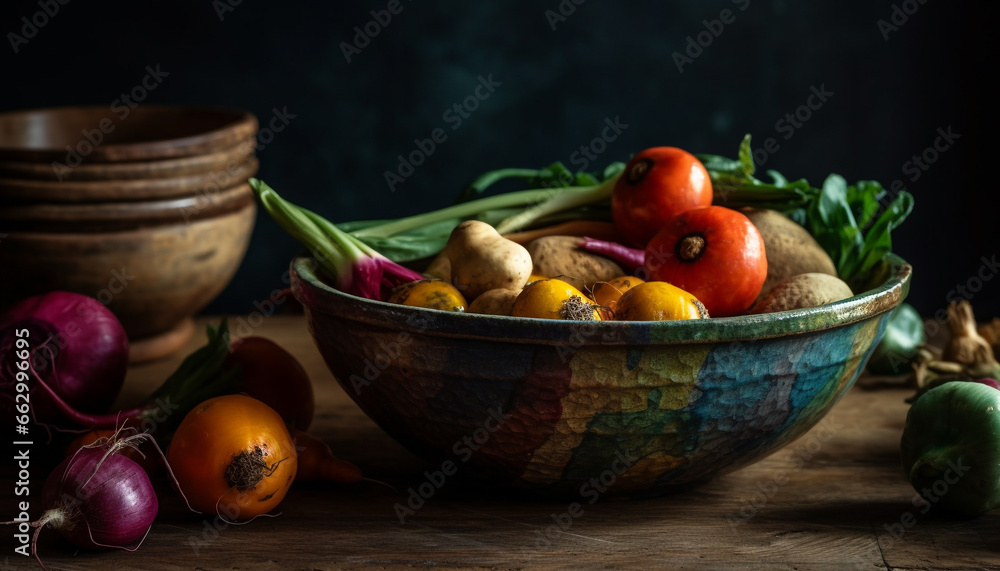 Rustic table with an abundance of fresh, organic vegetables and fruit generated by AI