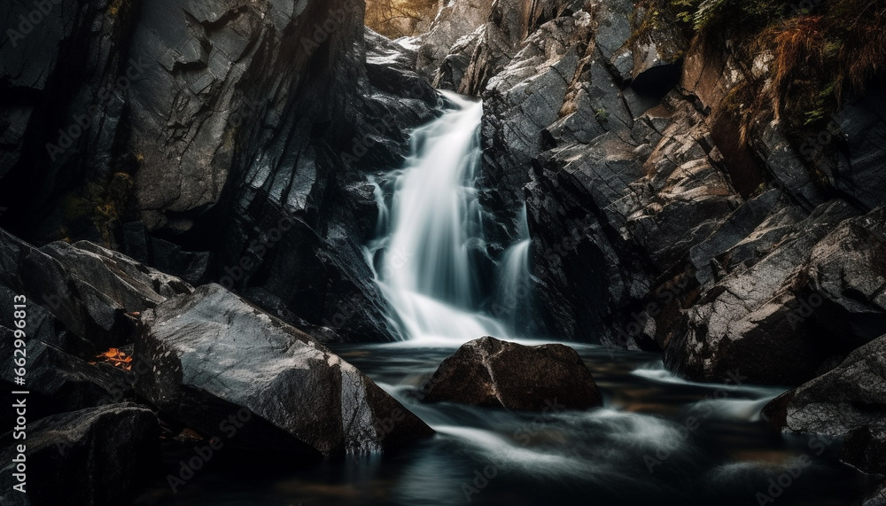 Tranquil scene of flowing water over rocky cliff in Alberta generated by AI