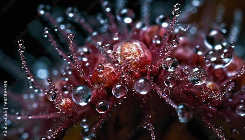 Macro drop on wet leaf, plant freshness underwater, beauty in nature generated by AI