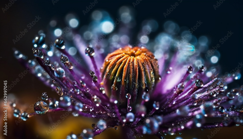 Single purple wildflower in wet meadow, dew drops on petals generated by AI