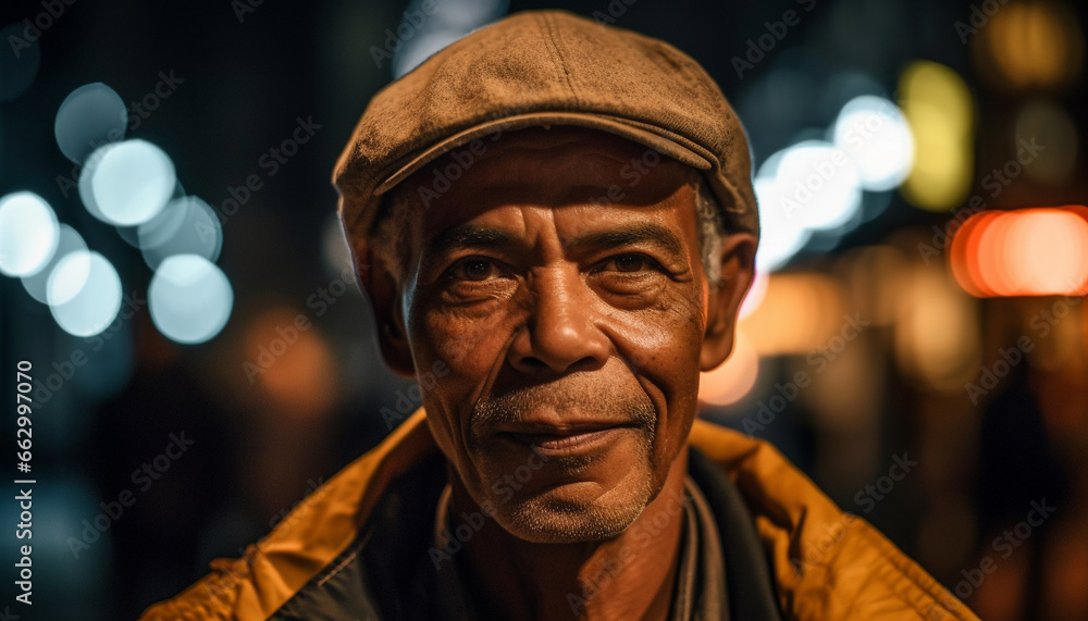 Smiling senior men illuminated by street light in city nightlife generated by AI