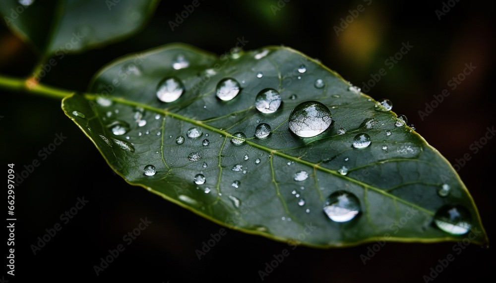 Vibrant green leaf reflects beauty in nature, wet with dew generated by AI