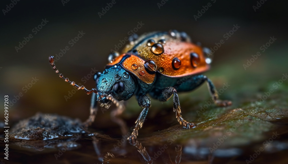 Small weevil crawling on wet green leaf in selective focus generated by AI