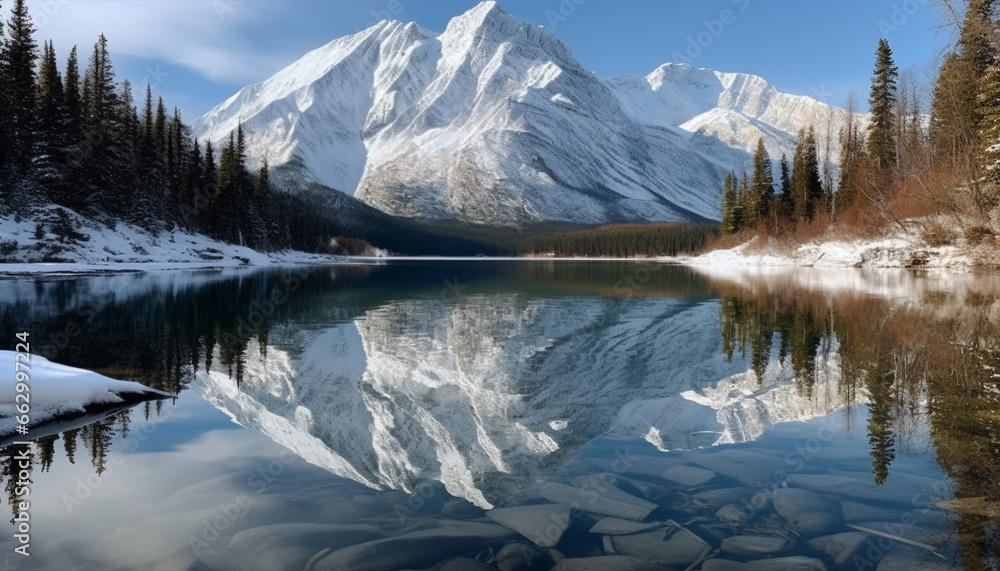 Tranquil scene of majestic mountain range in Alberta wilderness area generated by AI