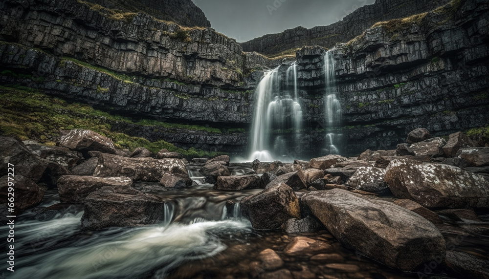 Tranquil scene of majestic mountain range, flowing water and greenery generated by AI