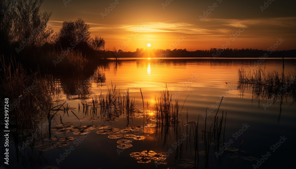 Tranquil scene at waters edge, sunset reflects vibrant autumn colors generated by AI