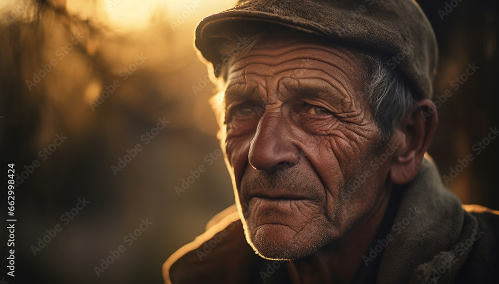 Old man with gray hair looking sad in rural poverty generated by AI