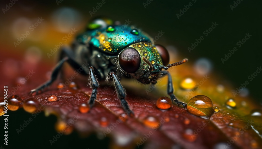 Small housefly on wet leaf, magnified for extreme focus generated by AI