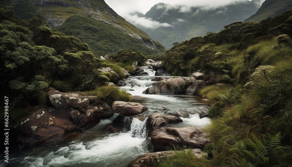 Tranquil scene of majestic mountain range with flowing water and greenery generated by AI