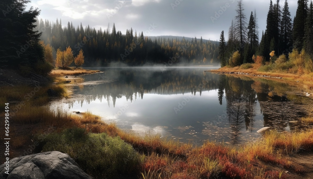 Tranquil scene of autumn forest with mountain reflection in pond generated by AI