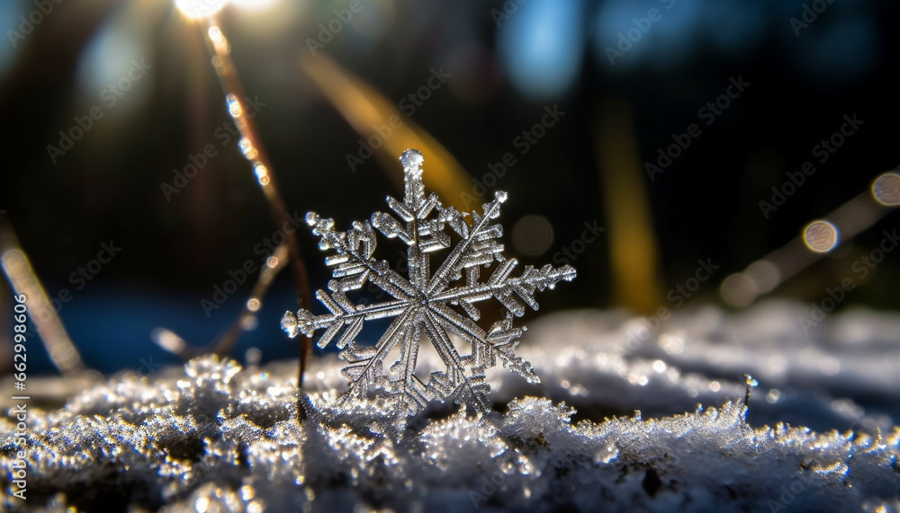 Frosty snowflake celebration, glowing Christmas ornament in defocused winter backdrop generated by AI