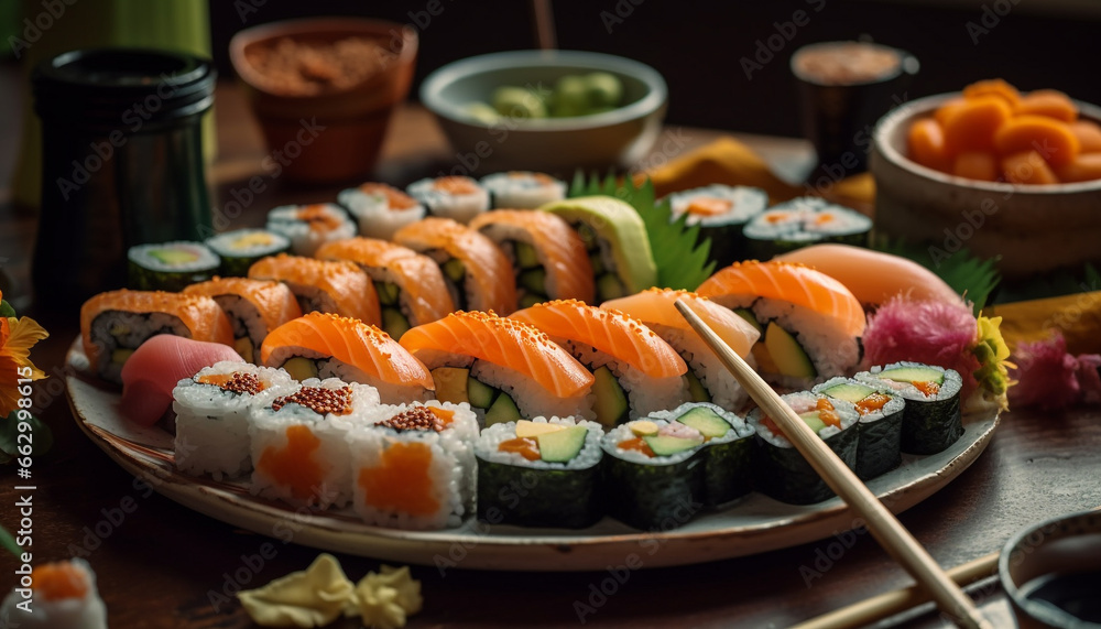 Fresh seafood plate with sashimi, maki sushi, and avocado variation generated by AI