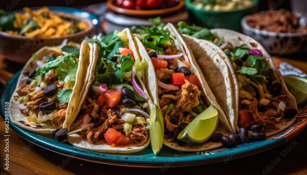 Mexican culture on a plate  Fresh beef taco with guacamole generated by AI