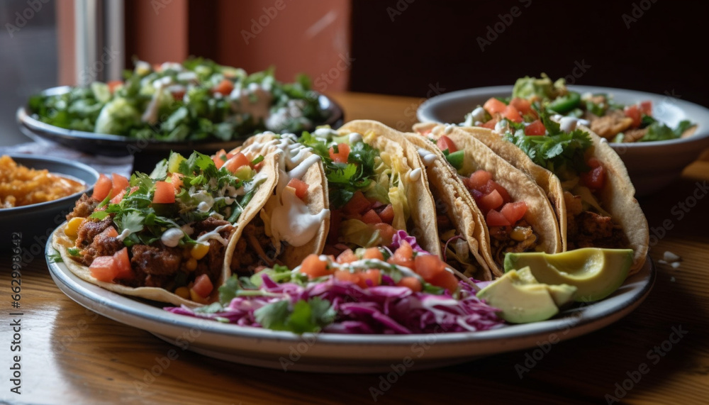 Grilled beef taco with guacamole, fresh cilantro, and spicy jalapeno generated by AI