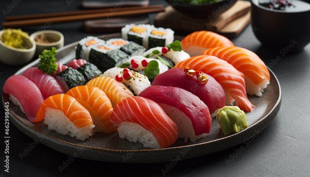 Fresh seafood plate with nigiri, sashimi, and maki sushi rolls generated by AI