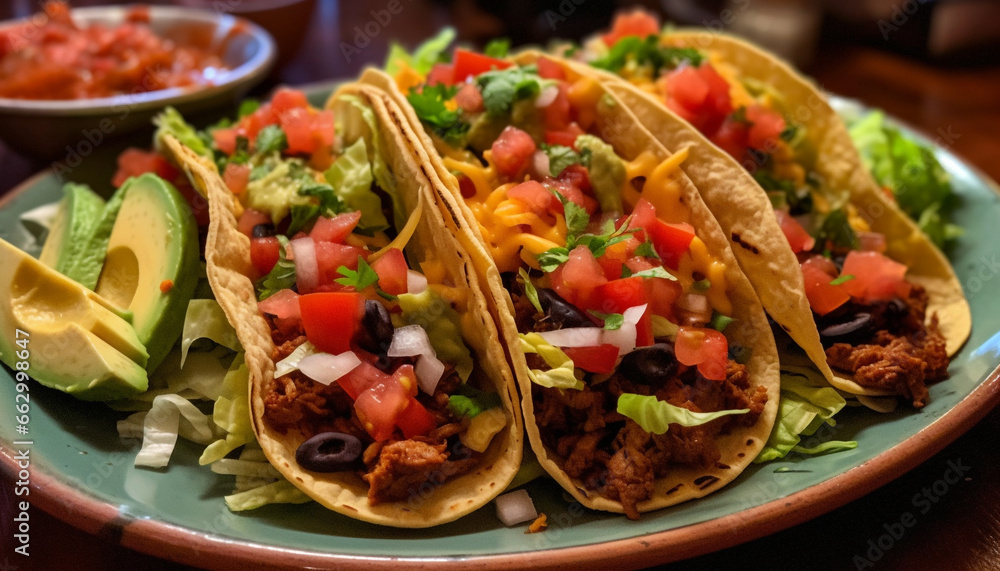 Grilled beef taco with guacamole, tomato, cilantro on flatbread plate generated by AI