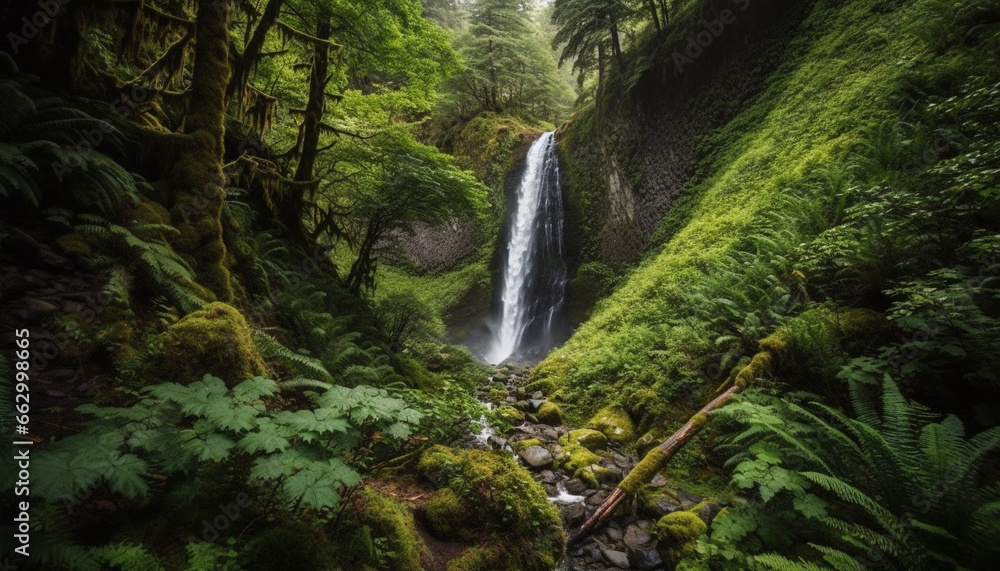 Tranquil scene of flowing water in a tropical rainforest environment generated by AI