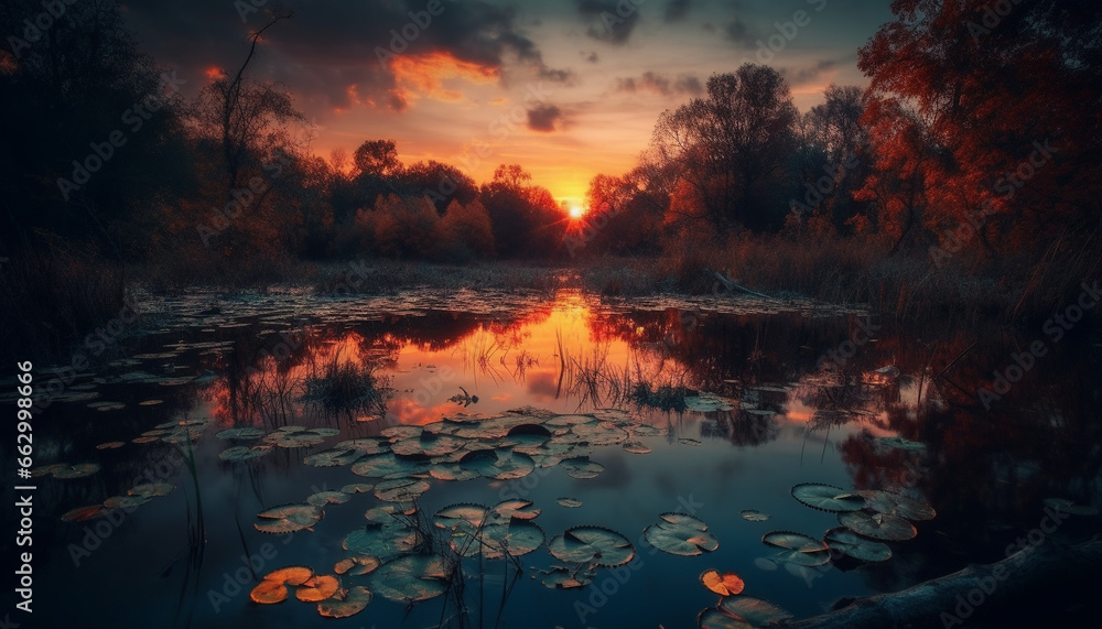 Tranquil scene of a sunset over a pond with reflection generated by AI