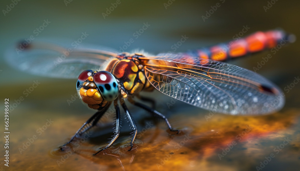 Vibrant dragonfly rests on wet leaf in forest environment generated by AI