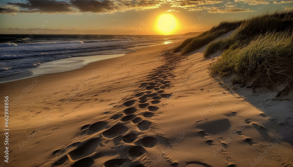 Tranquil scene at waters edge, footprints on idyllic sand dune generated by AI