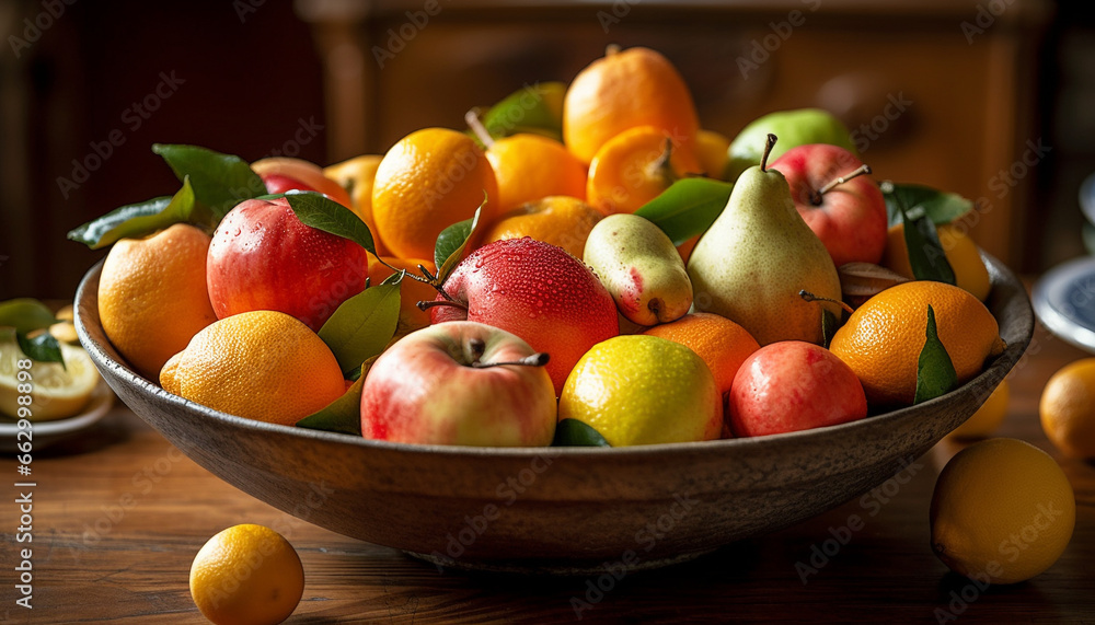 Vibrant fruit bowl  citrus, apple, grapefruit, lime, tangerine, tomato, grape generated by AI