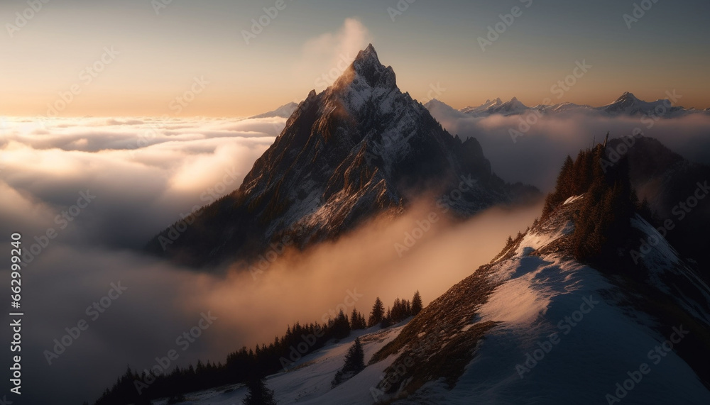 Majestic mountain range, panoramic view, tranquil scene, extreme terrain generated by AI