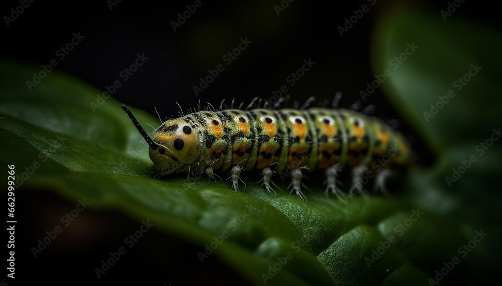 Green caterpillar crawls on leaf, magnified beauty in nature generated by AI