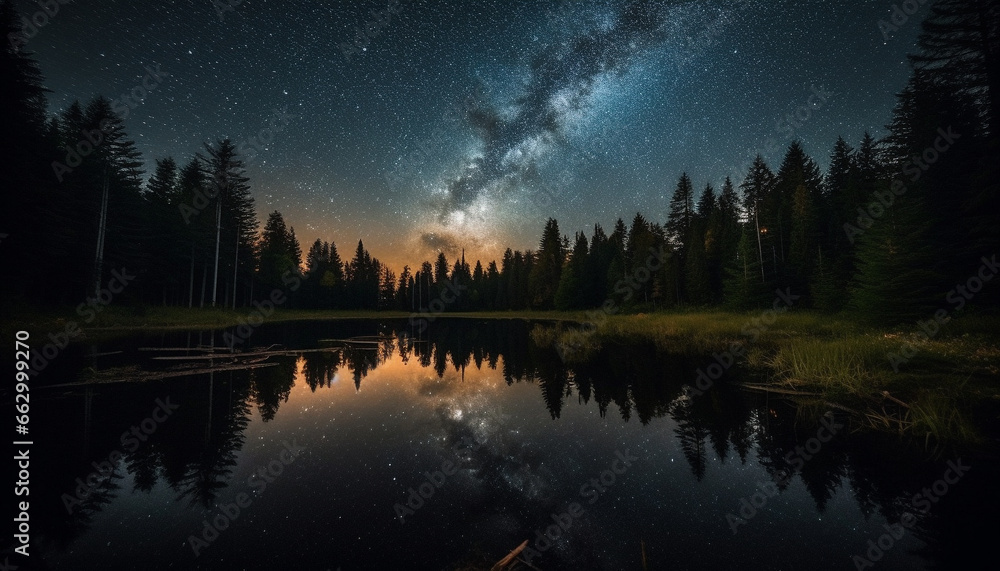 Tranquil scene of majestic mountain range under starry sky generated by AI