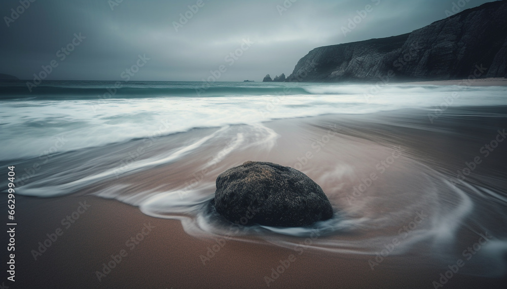 Tranquil seascape at dusk, horizon over water, breaking waves blur generated by AI