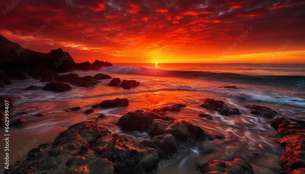 Tranquil sunset over rocky coastline, reflecting beauty in nature generated by AI