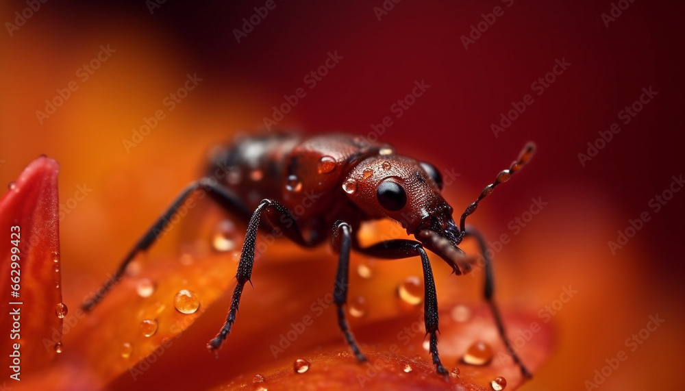 Small weevil on wet leaf, magnification reveals intricate beauty generated by AI