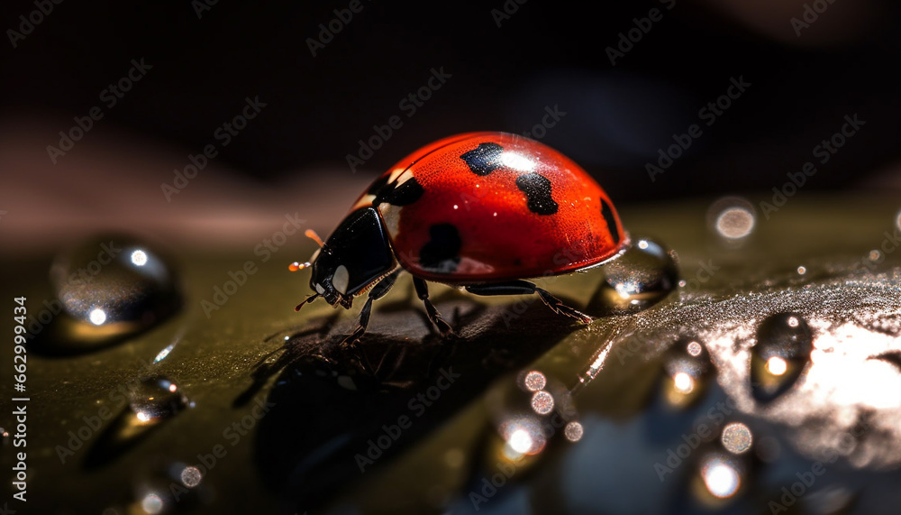 Spotted ladybug crawls on wet leaf, reflecting beauty in nature generated by AI