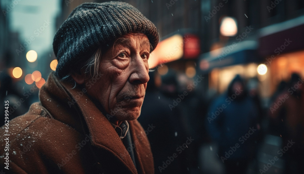 Senior men walking in winter city, wearing warm clothing and cap generated by AI