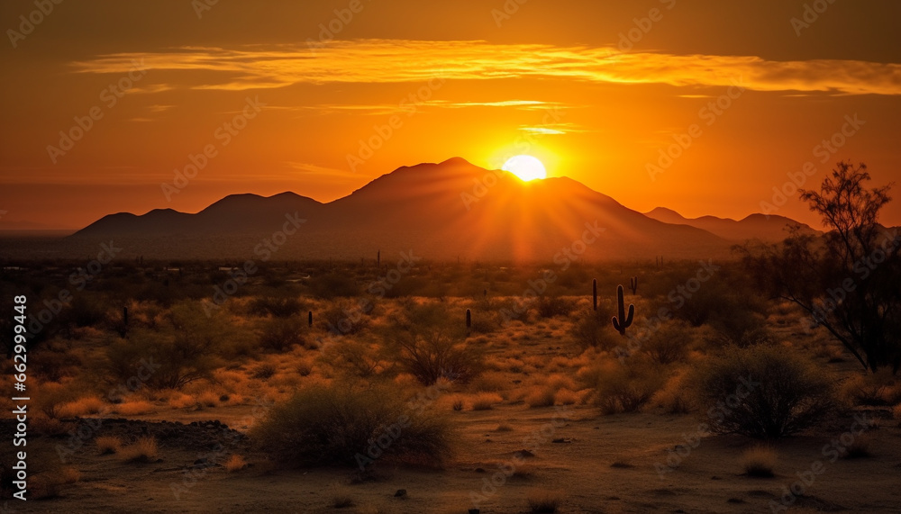 Silhouette of majestic mountain range in tranquil wilderness at dusk generated by AI